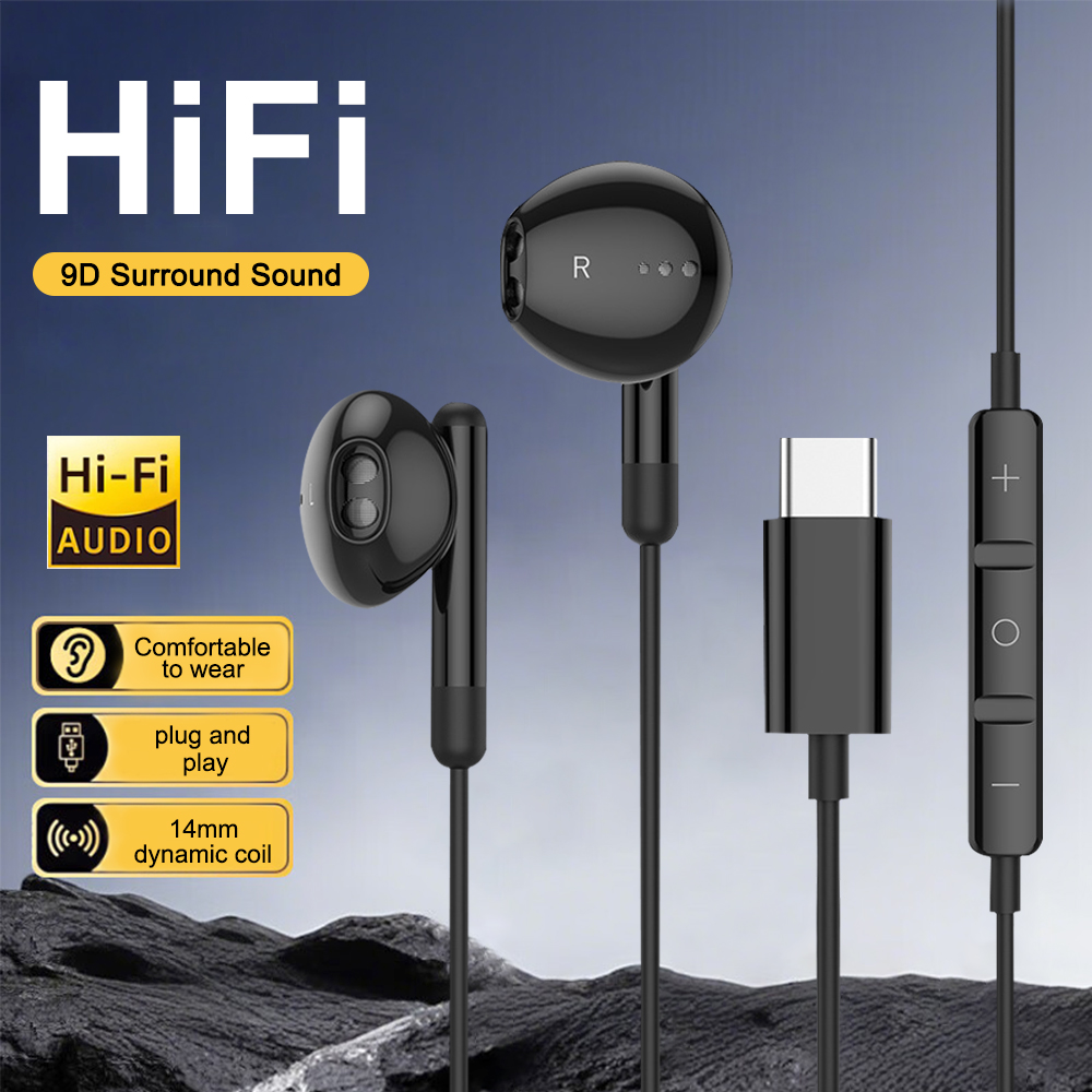 Type C Wired Earphones With Mic - Przewodowe słuchawki USB C HiFi Stereo